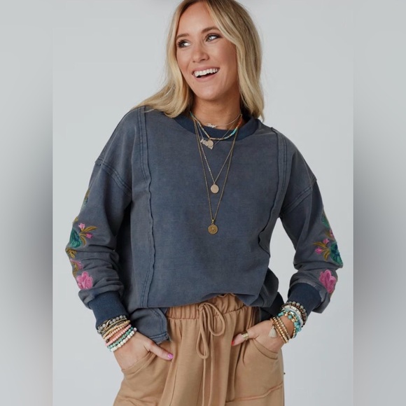 Floral Embroidered Blue Top - Picture 4 of 13